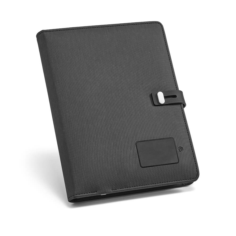 AFONSO. Pasta A5 em c. sintético com bateria portátil embutida (lítio) 4.000 mAh e caderno com 128 p