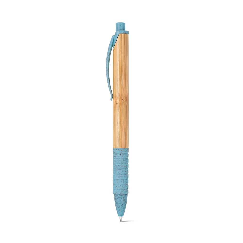 Caneta esferográfica em bambu com escrita em azul