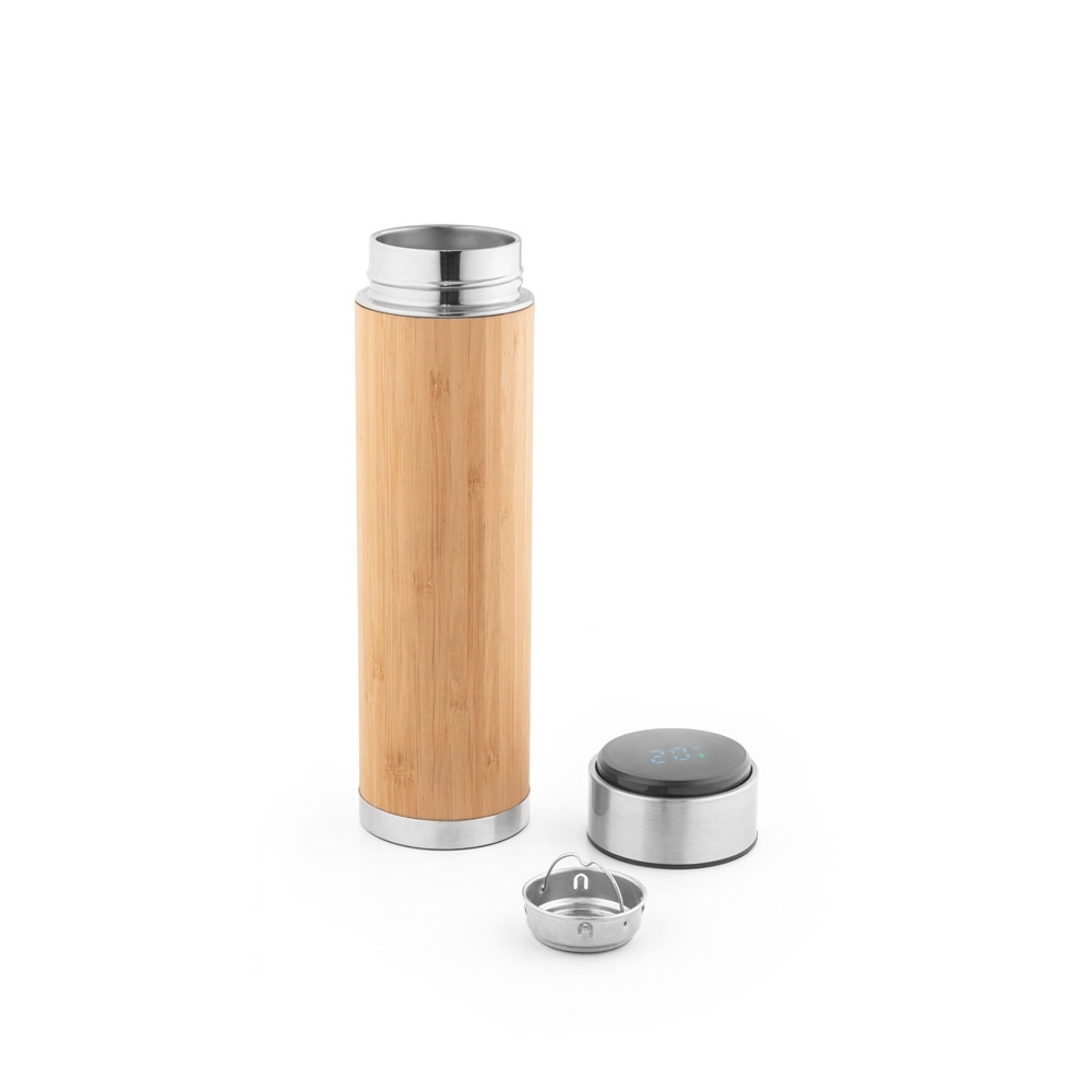 Garrafa térmica 430 mL em aço inox e bambu com termómetro digital