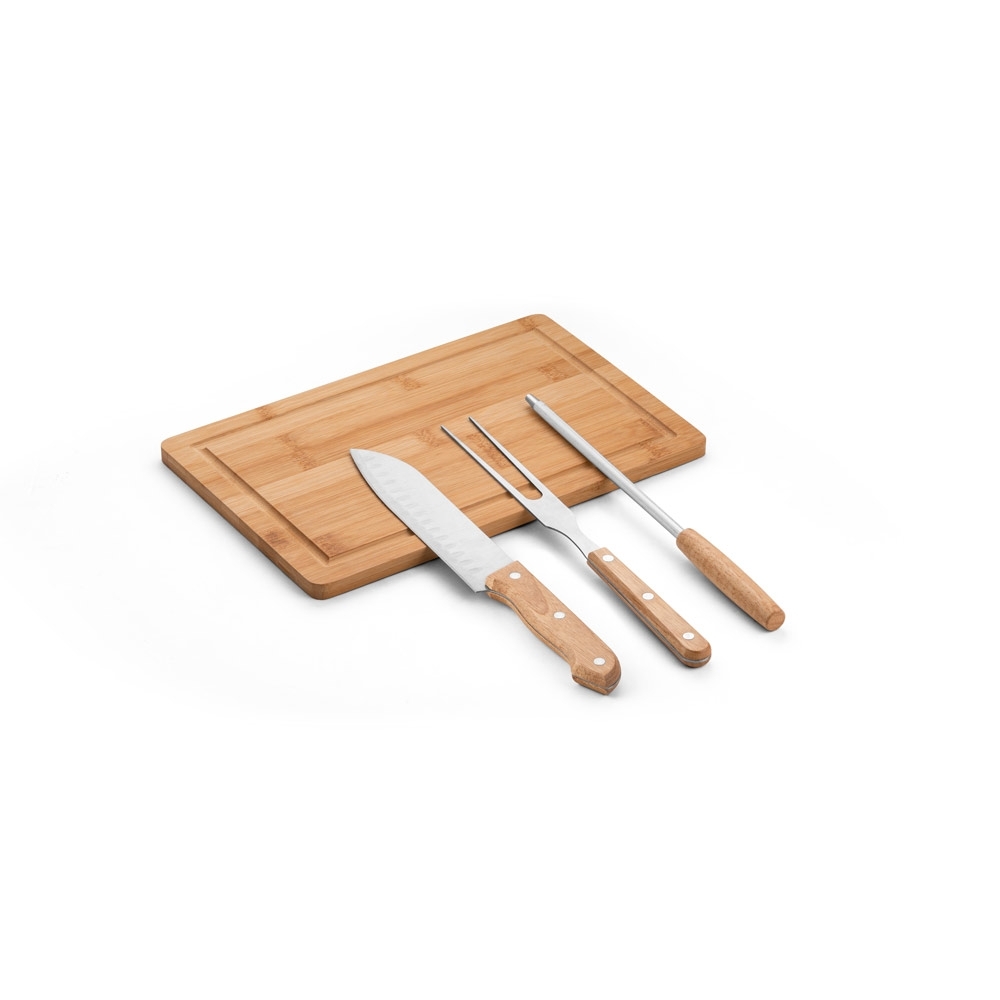 Kit churrasco com tábua de bambu e 3 utensílios de aço inox