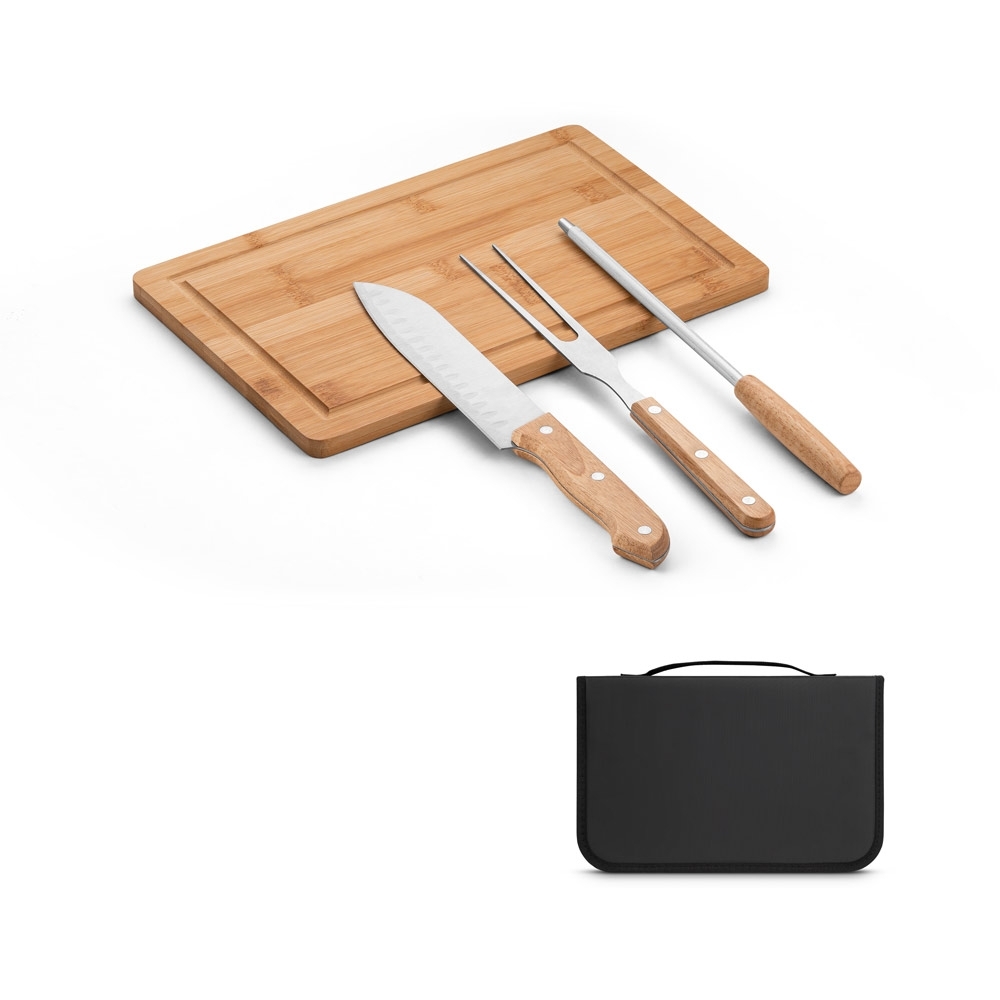 Kit churrasco com tábua de bambu e 3 utensílios de aço inox